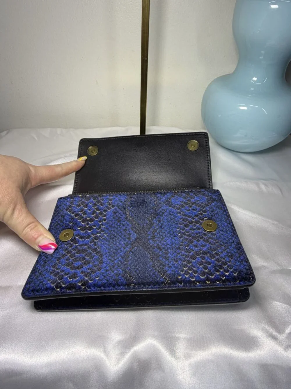 Kurt Geiger Navy Blue Velvet Snake-Embossed Crossbody with Gold Tone Accent